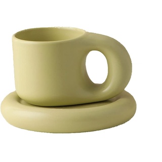 Lllunimon Nordischer Keramikbecher Fettgriff Kaffeetasse Und Untertasse Set, Schöne Morgen-Tasse Tee-Milch-Becher 300Ml,Matcha Green