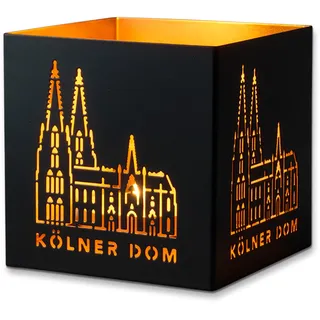 3forCologne Windlicht Laterne Kölner Dom | Metall Windlichter außen schwarz innen gold | Schöner Deko-Kerzenhalter für Stumpenkerzen und Teelichter für drinnen oder draußen.