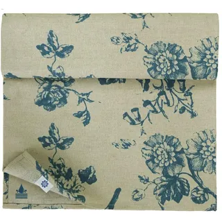 Linen & Cotton Tischläufer Fiore mit Blumen Motiv - 59% Leinen, 41% Baumwolle, Beige Blau (34 x 180 cm) Beschichtet Eckig Läufer Stoff Wasserdicht Fleckschutz Pflegeleicht für Garten Outdoor