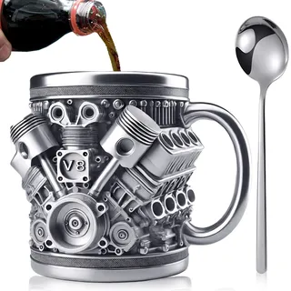 HA BIN 3D V8 Motoren Edelstahlbecher, 300ML Engines edel-stahl Kaffeetasse, Auto Motoren Form Teetassen, für Zuhause, Studio, Reisen, Autoliebhaber (Silber)