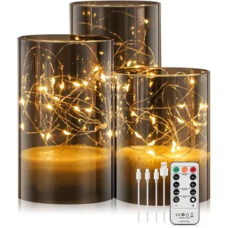 Forever Speed 3er-Set Led Kerzen Aufladbar 1000mAH mit Fernbedienung Timer Lichterkette Kerzen Wiederaufladbare Dekorative Lichter Dimmbar Flammenlose Kerzen für Wohnkultur, Hochzeiten - Grau