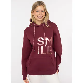 Zwillingsherz Hoodie "Alissa Shiny", Damen, Gr. S/M, rot (bordeaux), Sweatware, Obermaterial: 50% Baumwolle, 50% Polyester, comfort fit hüftlang, ohne Ausschnitt, angesetztes Bündchen, Sweatshirts Hoodie, glänzender Print, Daumenloch, Kordel, gesticktes Herz am Ärmel