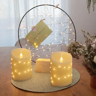 hellum LED Kerzen flackernde Flamme mit Lichterkette 2er Set 10x15cm, Echtwachs LED Kerzen batteriebetrieben (3xAAA nicht inkl.) mit Timer, Weihnachtsdeko, Deko Herbst 152852