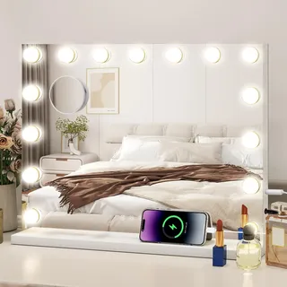 YU YUSING Hollywood Schminkspiegel mit Beleuchtung 58x45cm, 15 LED Licht Dimmbar Kosmetikspiegel 3 Modi, Vanity Spiegel Tischspiegel Wandspiegel mit USB 10X Vergrößerung für Schlafzimmer Schminktisch
