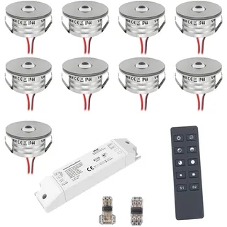 VBLED® 9er Funk Set 3W Mini-Einbauspot Einbaustrahler warmweiß 3000K IP44 12V DC Warmweiss Inkl.LED Trafo und Verbinder Unbegrenzte Möglichkeiten: Terrasse, Bad, Wohnbereich [Energieklasse A+]