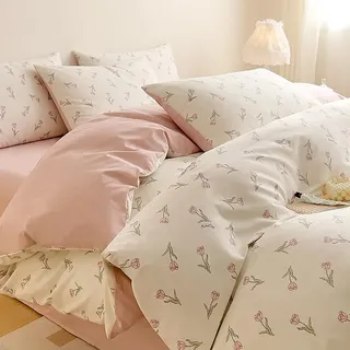 Covebett Bettwäsche Baumwolle 135x200 Rosa Weiß Blümchen Blumen Klein Geblümt Muster Bettbezug Set Aesthetic Botanisch Blumenwiese Blumenmuster Deckenbezug Reißverschluss und Kissenbezug 40x80cm