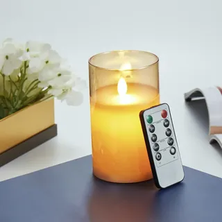 LED Kerzen, Flammenlose Kerzen Flackern, LED Kerzen Flackernde Flamme mit Glas, LED Kerzen mit Fernbedienung, Echtwachssäule Kerzen, Batteriebetriebene LED Kerzen mit 24 Stunden Timer-10cm Braun