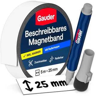 GAUDER Magnetstreifen beschreibbar, für Kanban Board (5 m x 25 mm - weiß) | Magnete zum Beschriften, beschreibbare Magnetstreifen, Magnetschilder für Kanban Board für Zuhause, inkl. Whiteboardmarker