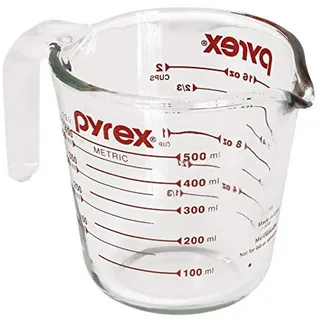 Pyrex Prepware Messbecher für 2 Tassen, rote Grafiken, transparent