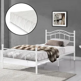 Metallbett Florenz 120x200 cm mit Kaltschaummatratze Weiß [en.casa]