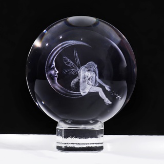 Movdyka 6 cm Kristallkugel geätzt 3D Fee mit Mond Figur, Glaskugel mit Kristallständer Briefbeschwerer Fee Geschenke für Mädchen Home Ornamente Andenken für Frauen