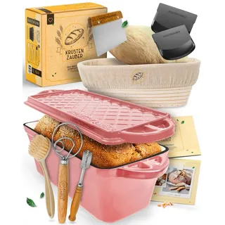 Krustenzauber Brotbackform Emaille Brotbackform 28cm mit Deckel im Komplettset, Kastenform Brot rosa Kastenform-Komplettset