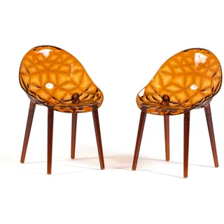 RATTATAN Set aus 2 transparenten Stühlen aus Polycarbonat, robust, ergonomisch, für Bar, Restaurant, Küche oder Garten, modernes Design–Diamante–Bernstein