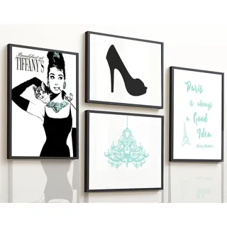 4Good Audrey Hepburn Wandbild Set – Paris Zitat & Glamour-Elemente Poster – Elegante Wanddekoration für Wohnzimmer, Schlafzimmer & Ankleidezimmer – A4 ohne Rahmen