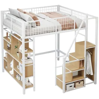 Multifunktionales Hochbett 140 x 200 cm, Metallbett mit Stauraum, Ablageflächen und Treppe, Erwachsenenbett und Kinderbett, Weiß