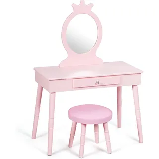 FANTASK 2 in 1 Kinderschminktisch, rosa Schminktisch & Schreibtisch mit abnehmbarem Spiegel & Hocker, Prinzessinnen-Kosmetiktisch in rosa für Mädchen