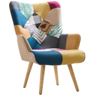 Aunekiv Sessel Patchwork-Sessel Ohrensessel aus Leinen mit Massivholz-Füßen (1-St), Relaxsessel für Wohnzimmer, Schlafzimmer & Leseecke bunt