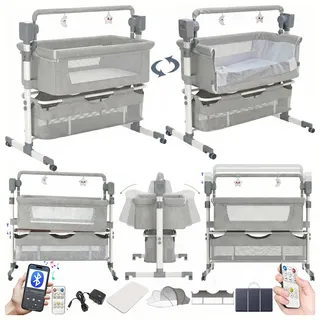 Magic ZC Elektrische Bluetooth Intelligent Beistellbett Baby mit Rollen, Faltbar Co-Sleeping Babybett, Convertible Stubenwagen Wiege mit Fernbedienung, Musik, 5-schwankende Zahnräder (601 Light Grey)