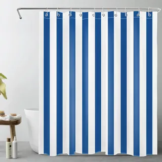 LB Marineblau gestreift Duschvorhang 120x175cm Blaue Weiße Linie Antischimmel Wasserdicht Badezimmer Vorhänge, Einfache minimalistische Geometrie Extra Kurz Polyester Stoff Bad Vorhang mit Haken