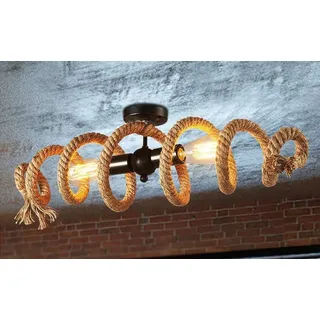 LED E27 Deckenleuchte Retro Hanfseil Vintage industrial Design Deckenlampe Schlafzimmer Landhaus Rustikal Wohnzimmer Arbeitszimmer Küchen Lampe Rechteck Spiral-Ring Antik Wandleuchte 2-flammig D70cm