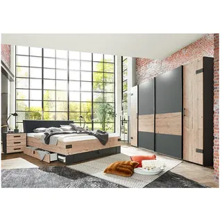Lomadox Schlafzimmer-Set SUNDERLAND-43, (Spar-Set, 4-tlg., Bettgestell Nachtkommoden (Set) Kleiderschrank), graphit Fichte Liegefläche 180x200cm Nachtschränke Kleiderschrank grau