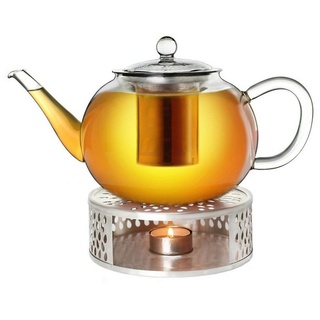 Creano Teekanne Creano Teekanne aus Glas 1,6l + ein Stövchen aus Edelstahl, 3-teilige, (Set) weiß