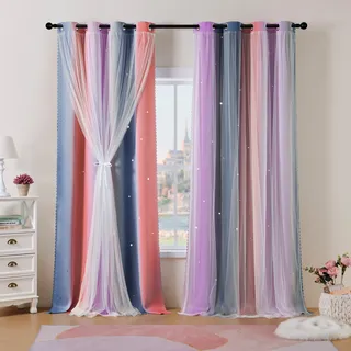 Best Baisite Gardinen Kinderzimmer 2er Set Verdunklungsvorhänge H 200 X B 132cm Doppellagige Vorhänge mit Hohlen Sternen Kinder Mädchen Baby Ösenschal Ösenvorhange Dekoration