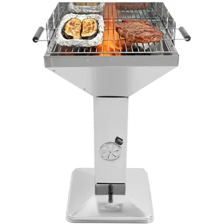 Edelstahl Holzkohle Säulengrill mit Belüftung in der Säule und Aschekasten, 48x48cm Grillrost höhenverstellbar, für Camping und Garten, tragbarer Standgrill