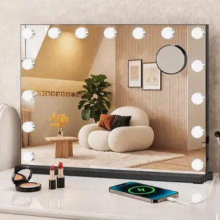 YU YUSING Hollywood Schminkspiegel mit Beleuchtung, 15 Dimmbare LED Licht | Vanity Spiegel mit 3 Farbtemperatur Licht, Touch Control, Tischspiegel Wandspiegel für Schlafzimmer Schminktisch (Schwarz)