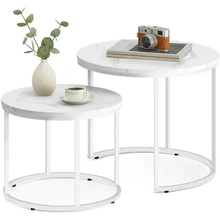 FORTENA Couchtisch Set 2tlg Rund, Marmor Look, mit weißem Metallgestell - Weiß