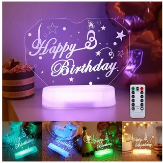 Rosnek LED Nachtlicht 3D Geschenke Nachttischlampe, Acryl Happy Birthday Geburtstag Party, Tischlampe, RGB Leuchte mit Fernbedienung, Batteriebetrieben