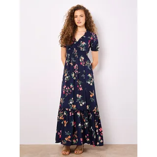 Maxikleid APRICOT "Maxikleid", Damen, Gr. XS (34), N-Gr, blau (navy), gewebt, Obermaterial: 100% Viskose CV., geblümt, normal, V-Ausschnitt, Puffärmel, Kleider Maxikleid, mit Smockdetails