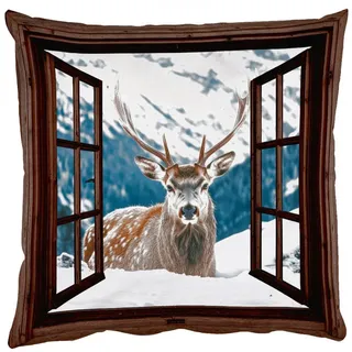 MuchoWow Dekokissen Hirsche - Landschaft - Winter - Natur - Tiere - Ansichten - Berge, Zierkissen mit Kissenfüllung, Deko, Sofakissen, 50x50 cm Quadratisch | 50 cm x 15 cm x 50 cm