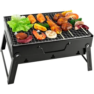 SunJas Holzkohlegrill Edelstahl Klappbarer Holzkohlegrill Campinggrill, mini BBQ Grill, Tragbarer BBQ Grill Picknickgrill, Faltbarer Tischgrill für Unterwegs, Grillfläche 35x27cm für 1-3 Personen