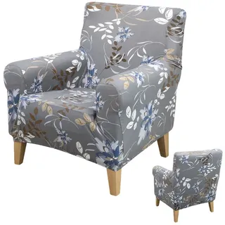 BTTO Sesselhusse Floraler Sesselbezug,Stretch Einzelsofa Möbelschutz mit Armlehnen, Bunt Blumen Stuhlbezüge Stuhlschutz,Couchbezug 1 Sitzer grau