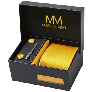 MASSI MORINO Krawatte mit Einstecktuch Set Herren inkl. Manschettenknöpfe, Krawattennadel und Geschenkbox - Männer Krawattenset zur Hochzeit - Einheitsgröße