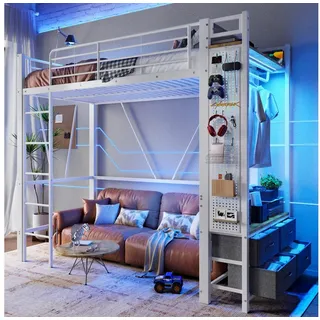 Merax Hochbett mit LED-Leiste und USB & Typ-C Steckdose (Metall & MDF, 1-St., Eisenbett Jugendbett Einzelbett) Metallbett 90x200cm mit 4 Schubladen Trockenstange Regalen Leiter weiß