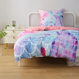 Meerjungfrau Bettwäsche 135x200 Mädchen Mikrofaser-Polyester 3D Meerjungfrauenschwanz Kinderbettwäsche Bettbezug 135x200 und 1 Kissenbezug 80X80...
