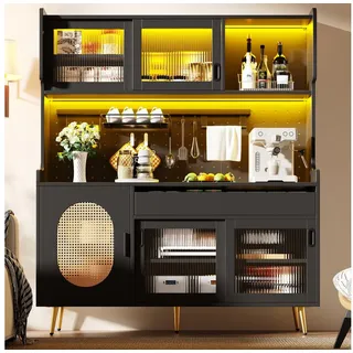 Celya Küchenbuffet Buffetschrank Landhaus mit LED und Lochwand (145x39x171cm, 5 Türen und 1 Schublade) vielseitig einsetzbar in Küche, Esszimmer oder Wohnzimmer schwarz