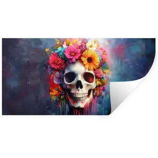 MuchoWow Wandsticker Totenkopf - Blumen - Totenkopf - Bunt (1 St), Wandtattoo, Repositionierbar, Selbstklebend, 40x20 cm bunt 40 cm x 20 cm x 0.1 cm