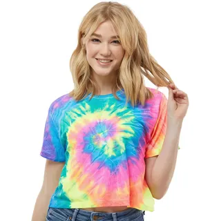 Colortone Damen Batik Crop T-Shirt | Batik Shirt XS - XL in verschiedenen Mustern | Hippie Shirt Damen Crop Top aus Baumwolle | Handgefärbtes Batik Design | Neon Rainbow, M - M