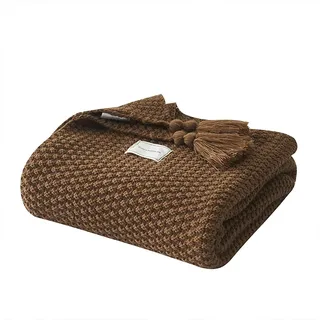 AUSTINCIAGA Decke aus Strick, Plaid, Sofa, Tagesdecke, Tischdecke, Tagesdecke, nordisch, warm, weich, mit Fransen, handgefertigt, für Strand, Picknick, alle Jahreszeiten(Braun, 70 x 100 cm)