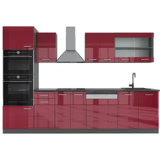 Vicco Küchenzeile R-Line, Rot Hochglanz, 300 cm | 8 Module · Höhenverstellbare Füße · Arbeitsplatte Anthrazit · Robuste Fronten · Mit Backofen-/Mikrowellenschrank