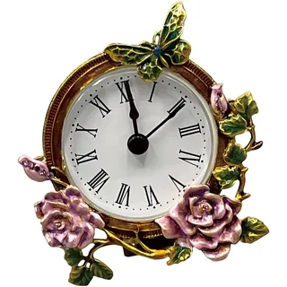 ZEPFJHE Leise Mini-Tischuhr mit Blumen- und Schmetterlingsmuster, Metallkörper, Schreibtisch für Büro oder Wohnzimmer, Dekoration, dekoratives Regal