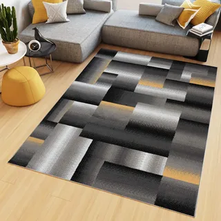TAPISO Maya Teppich Kurzflor Modern Vierecke Streifen Design Schwarz Grau Gelb Weiß Meliert Verwischt Wohnzimmer Schlafzimmer ÖKOTEX 160 x 220 cm