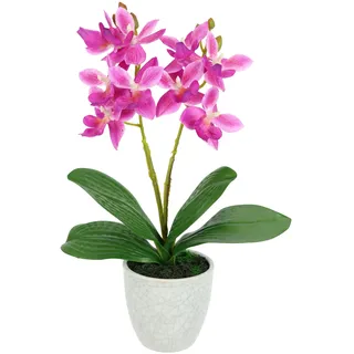 Flair Flower Kunstblume Orchidee 30cm mit Blätter im Topf Künstliche Blume Kunstorchidee Phalaenopsis mit Übertopf Kunstpflanze Hochzeit Deko Dekoblume Seidenblume Real Touch Blüte