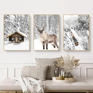 CULASIGN 3er Premium Poster Set | Moderne Winter Schneelandschaft Wandbilder | Winter Bilder Elch Holzhaus Wald | Wanddeko Wohnzimmer Schlafzimmer | Wandbilder ohne Rahmen (DEF,50x70cm)