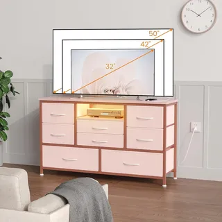 Thaookte Flurkommode mit 8 Stoff-Schubladen & LED – Sideboard mit Ladestation (3 Steckdosen, 2 USB), Holzplatte & stabile Metallstruktur, für Flur/Schlafzimmer/Wohnzimmer – Farbe: Rosa
