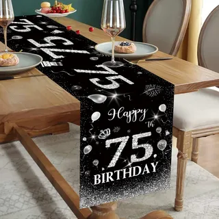 75 Geburtstag Deko Mann Schwarz Silber Tischläufer 75. Geburtstag Happy 75th Birthday Tischband für 75 Jahre Alte Frauen Ihn Ihr Jahrestag Feier Party Dinner Tisch Leinen Table Dekoration, 180x35 cm