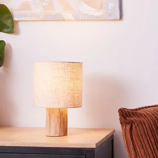 Lightbox Tischleuchte Natur - moderne Tischlampe mit Holzfuß und Stoffschirm - dekorative Nachttischlampe für Schlafzimmer, Wohnzimmer & Büro - E27 Fassung (exkl. Leuchtmittel)